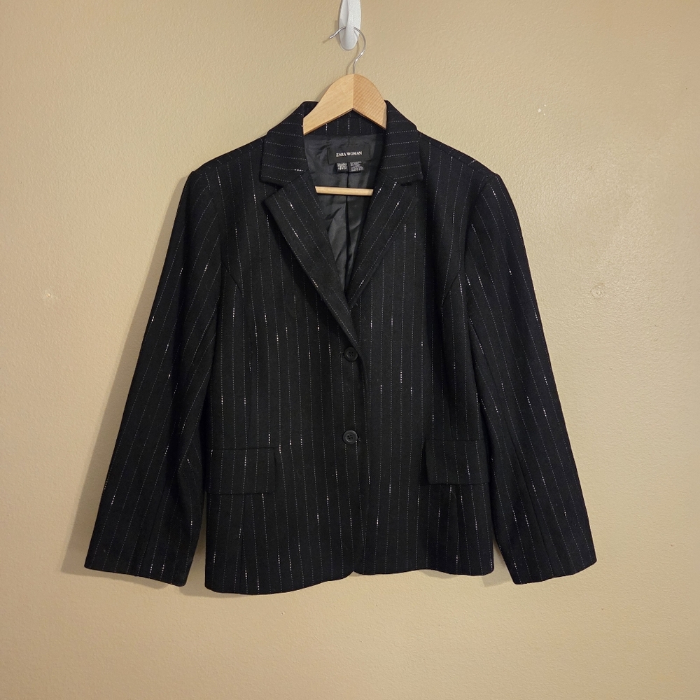 ZARA WOMAN Black Pinstripe Wool Blend Single Breasted Double Button Blazer SZ 10
